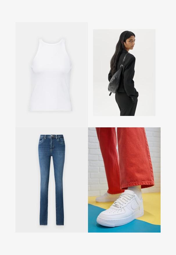 Bijela majica bez rukava napravljena od rebraste tkanine, s okruglim izrezom i uklapajućim siluetom, s minimalnim šavovima i bez ukrasa.; Plave traperice s ravnim krojem, pet džepova, zatvaranjem na dugme i patentni zatvarač, te izblijeđenim pranjem s suptilnim detaljima struganja.; Bijele kožne tenisice s perforiranim prednjim dijelom, teksturiranim đonom i bijelim vezicama, u kombinaciji s širokim crvenim hlačama i plavo-žutom pozadinom.; Žena s dugom tamnom kosom koja nosi crno odijelo, drži crnu kožnu torbu preko ramena i gleda unazad na bijeloj pozadini.