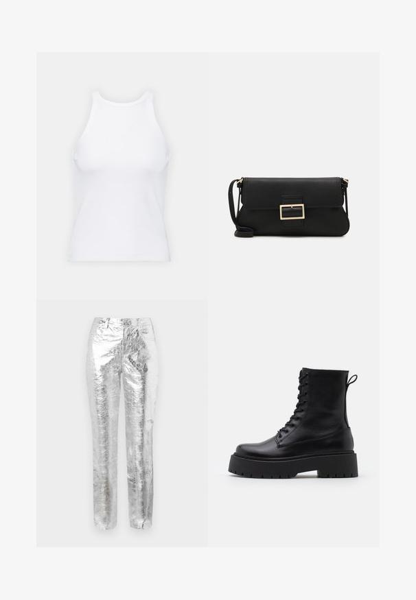 Valkoinen hihaton toppi, joka on valmistettu ribbikankaasta, ja jossa on pyöreä pääntie ja tiukka siluetti, minimaalisin saumoin ja ilman koristeita.; Hopeaiset, metalliset housut, joissa on ryppyinen pinta. Suora lahjetyyli, etutaskut ja vetoketjukiinnitys. Sileä ja heijastava pinta.; Musta nahkainen nilkkureita, joissa on pyöreä kärki, nauhakiinnitys edessä ja paksu kumipohja, jossa on teksturoitu pinta. Takana vetotappi.; Musta nahkainen kynäpenkkilaukku, jossa on läppä ja kultainen metallinen solkiyksityiskohta. Mukana musta hihna ja tyylikäs, minimalistinen muotoilu.