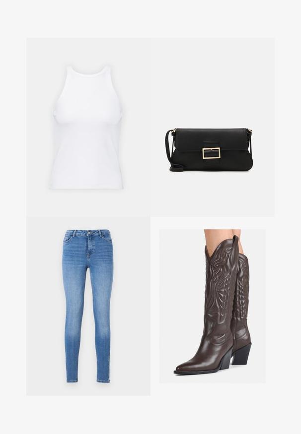 Bijela majica bez rukava napravljena od rebraste tkanine, s okruglim izrezom i uklapajućim siluetom, s minimalnim šavovima i bez ukrasa.; Užičene traperice svijetloplave boje, s srednjim strukom, dizajnom od pet džepova i toniranim šavovima, s glatkom teksturom.; Smeđe kožne kauboj čizme s šiljastim vrhom i blok-potpeticom, s detaljno izvezenim šavovima i uzdignutim naglascima na okovu.; Crna kožna clutch torbica s preklopom i zlatnim metalnim detaljem kopče. Uključuje crnu trakicu i elegantan, minimalistički dizajn.; Srebrne naušnice s obručima i uvijenim dizajnom, s poliranim završetkom i pričvršćivanjem na stražnjoj strani. Mjere otprilike 3 cm u promjeru.