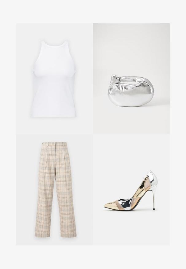 Baltas be rankovių marškinėlis, pagamintas iš išklotinės medžiagos, su apvaliu iškirpimu ir prigludusia siluetu, minimaliais siūlais ir be dekoracijų.; Bežinės plačios kelnės su subtiliu mėlynos ir rudos spalvos langeliu. Pagamintos iš lengvos medžiagos, turi raukšles talijoje.; Aštrus pirštas aukštakulnis batelis su sidabro, aukso ir nuogų spalvų deriniu. Blizgus paviršius su išpjovos dizainu, su stiletto kulnu.; Sidabrinė metalinė maišelio forma su švelnia, apvalia forma ir mazgu užveriamu viršumi. Pagaminta iš lygios dirbtinės odos medžiagos.; Sidabrinės pusmėnulio auskarai minimalistiniu dizainu. Apskritimo forma, lygus paviršius ir plonas profilis. Lengvi su poliruotu apdailu.