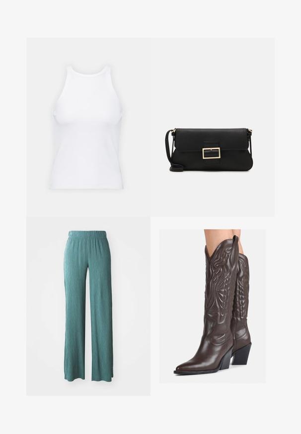 Top alb fără mâneci, confecționat din material ribbed, prezentând un decolteu rotund și o siluetă ajustată, cu cusături minime și fără ornamente.; Pantaloni largi de culoare teal deschis, confecționați dintr-un material texturat, cu un tiv elastic, având o croială relaxată și dreaptă.; Bocanci de cowboy din piele maro, cu vârf ascuțit și toc pătrat, având cusături detaliate și accente ridicate pe tijă.; Geantă de mână din piele neagră, cu clapetă și un detaliu din metal auriu. Include o curea neagră și un design elegant, minimalist.