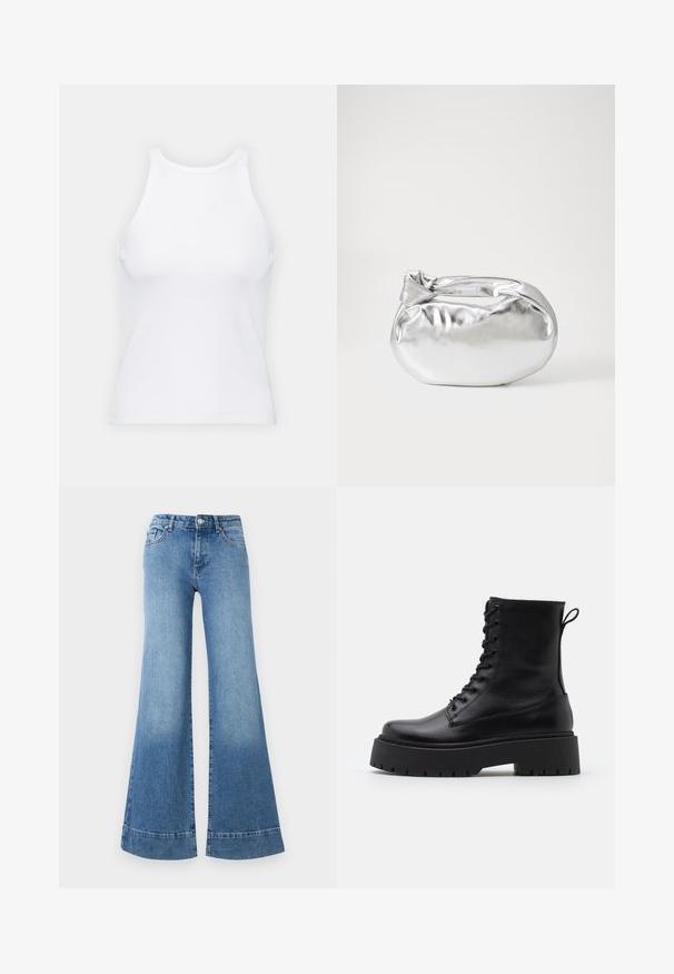 Valkoinen hihaton toppi, joka on valmistettu ribbikankaasta, ja jossa on pyöreä pääntie ja tiukka siluetti, minimaalisin saumoin ja ilman koristeita.; Vaaleansiniset farkut, joissa on leveä lahje ja korkea vyötärö. Farkuissa on kevyt kulutusvaikutus. Perinteinen viisi-taskumalli ja metallinen napitus.; Musta nahkainen nilkkureita, joissa on pyöreä kärki, nauhakiinnitys edessä ja paksu kumipohja, jossa on teksturoitu pinta. Takana vetotappi.; Hopeapintainen metallinen pussilaukku, jolla on pehmeä, pyöreä muoto ja solmittava yläosa. Valmistettu sileästä tekonahkamateriaalista.; Hopehope hopeilla, joissa on minimalistinen muotoilu. Pyöreä muoto, sileä pinta ja ohut profiili. Kevyet ja kiillotetut.