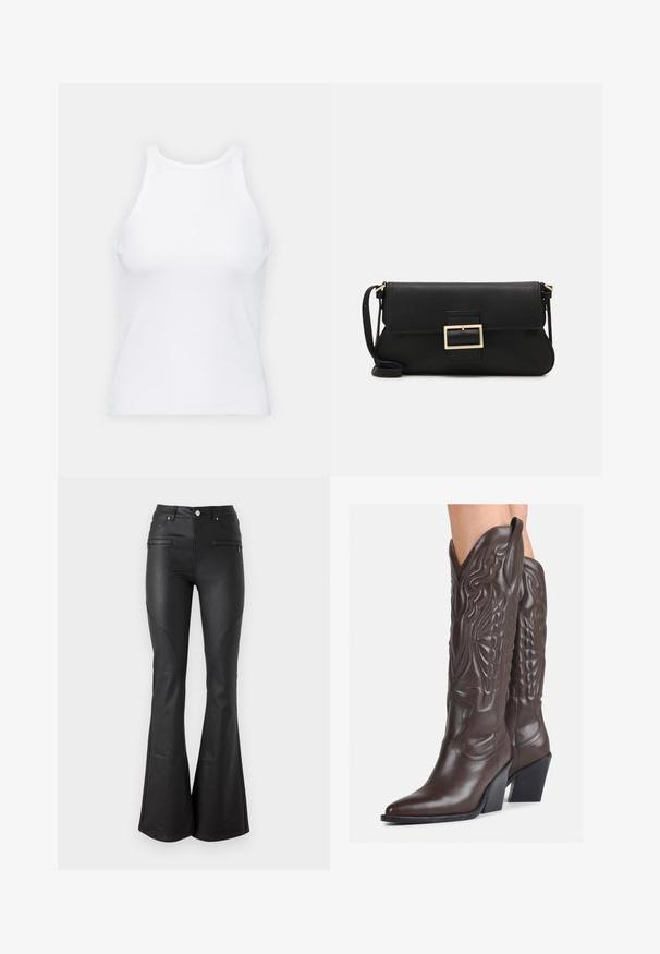 Witte mouwloze tanktop van ribstof, met een ronde halslijn en een aansluitende pasvorm, met minimale naden en zonder versieringen.; Zwarte flared broek gemaakt van een glanzend, soepel materiaal; heeft voorzakken, een aansluitende taille en decoratieve stiksels langs de naden.; Bruine leren cowboylaarzen met een spitse neus en blokhak, voorzien van gedetailleerde stiksels en verhoogde accenten op de schacht.; Zwarte leren clutch met een klep en een gouden metalen sluiting. Inclusief een zwarte schouderband en een slank, minimalistisch ontwerp.; Gouden oorringen, dun en rond van vorm, met een gladde metallic afwerking en zonder versieringen of patronen.