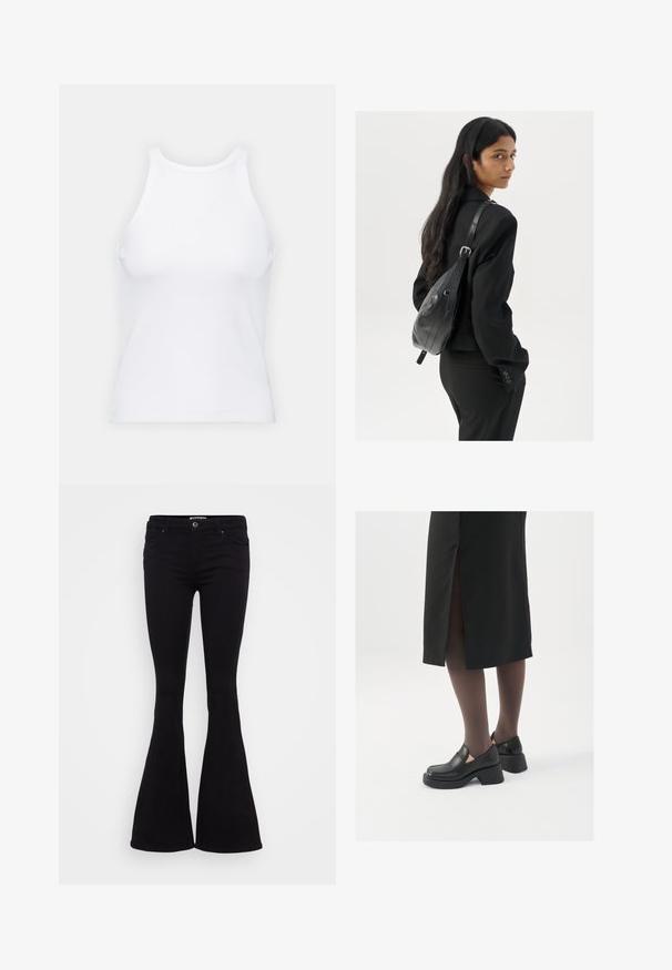 Biela bezrukávová tielko vyrobené z rebrovanej látky, s okrúhlym výstrihom a priliehavým strihom, s minimálnymi švami a bez ozdôb.; Čierne rozšírené džínsy s hladkým materiálom, stredne vysokým pásom, prednými vreckami a zapínaním na gombík. Spodná časť nohavíc sa smerom nadol rozširuje.; Čierne kožené topánky s okrúhlou špičkou, silným blokovým opätkom a elastickými bočnými akcentmi, skombinované s tmavými pančuchami a čiernou sukňou so štiepením.; Žena s dlhými tmavými vlasmi, oblečená v čiernom obleku, nesúca čiernu koženú kabelku na ramene, pozerajúca cez rameno na bielom pozadí.; Strieborné kruhové náušnice s minimalistickým dizajnom. Cirkulárny tvar, hladký povrch a tenký profil. Ľahké s lesklým povrchom.