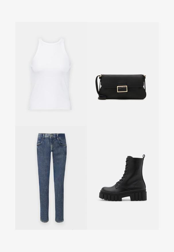 Balta bezpiedurkņu topiņš no ribotā auduma, ar noapaļotu kakla izgriezumu un pieguļošu siluetu, ar minimālām šuvēm un bez rotājumiem.; Izbalējuši zila denima džinsi ar šahtu piegriezumu, vidēji augstu jostasvietu, piecām kabatām un ar rāvējslēdzēju aizdari. Iezīmējas ar smalku nodilušanu un šuvju detaļām.; Melnas ādas potītes zābaki ar masīvu, rievojumu zoli, auklu aizdari un vilces cilpu uz gludas baltas fona.; Melnas ādas saķeres soma ar atloku un zelta metāla sprādzi. Ietver melnu siksnu un elegantu, minimālistisku dizainu.; Zelta auskari ar gludu, spīdīgu apdari. Apaļš dizains, kas ietver mazu tapu un caurspīdīgu pamatni drošai valkāšanai.