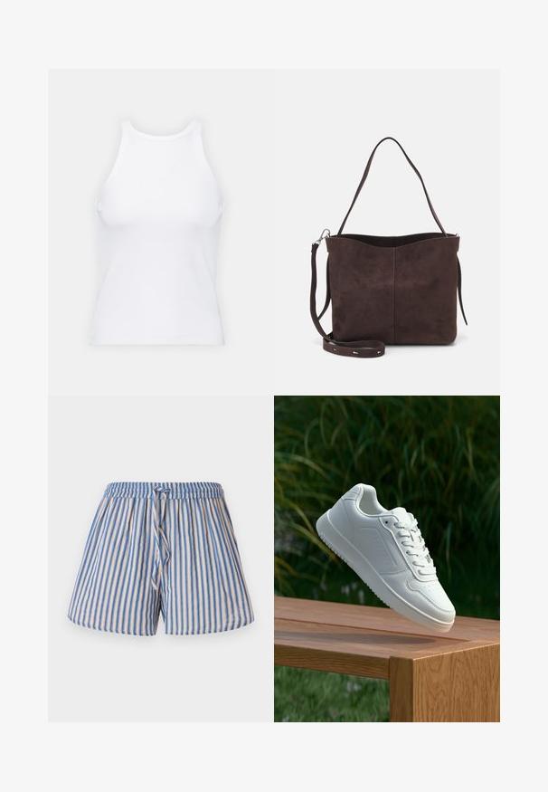 Hvit ermeløs tanktop laget av ribbet stoff, med rund hals og en tettsittende silhuett, med minimale sømmer og ingen dekorasjoner.; Stripete shorts i beige og blå, med elastisk linning og justerbar snøring, laget av lett stoff.; Hvite sneakers med en glatt syntetisk overdel, perforert tåboks, flate snørebånd og en teksturert såle, vist på en treflate.; Brun semsket stoff tote-veske med en myk tekstur, som har en enkelt skulderrem og en subtil buet toppåpning. Ingen synlige maskindetaljer.