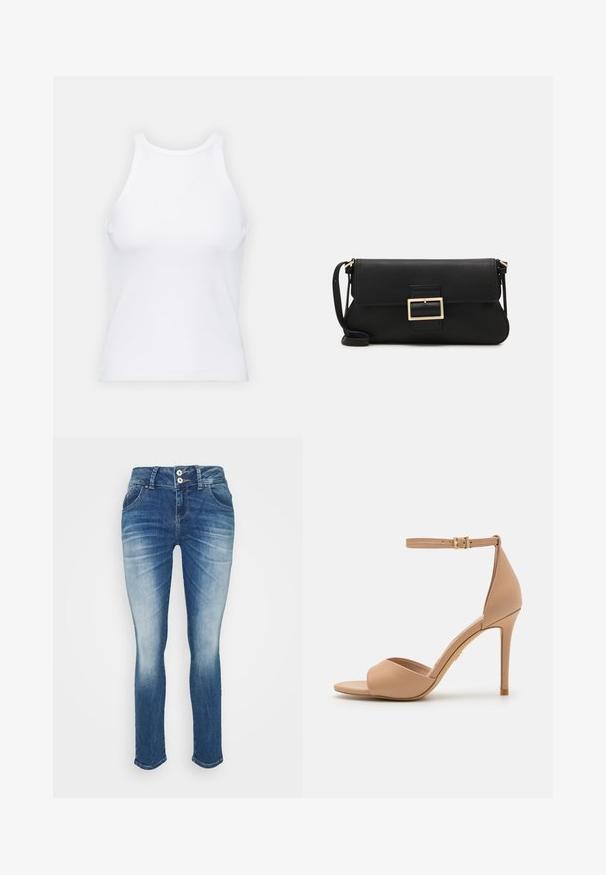 Fehér ujjatlan trikó ribbed anyagból, lekerekített nyakkivágással és testhez simuló siluettel, minimális varrásokkal és díszítések nélkül.; LTB Testhezálló fazon - lilliane wash; ALDO CRERIDE PILLOW WALK - Szandálok - beige; Fekete bőr kézitáska hajtóka részlettel és aranyszínű fém csattal. Tartalmaz egy fekete pántot és egy letisztult, minimális dizájnt.; Arany fülbevalók sima, fényes felülettel. Kör alakú dizájn, amely kis kapoccsal és átlátszó tartozékkal rendelkezik a biztonságos viselés érdekében.