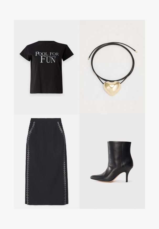 Zwarte katoenen T-shirt met korte mouwen en een ronde hals, met de tekst "POOL FOR FUN" in zilver, samen met het logo van "MM6 Maison Margiela".; Zwarte kokerrok met een zachte textuur, voorzien van een diamanten patroon van reflecterende versieringen langs de zijnaden. Strak gesneden.; Zwarte leren enkelboot met puntige neus, slanke stilettohak en een gladde textuur. Minimalistisch ontwerp zonder zichtbare hardware of accenten.; Zwarte gevlochten koordketting met een gepolijste gouden hartbedel met zachte lijnen en een glanzende afwerking.