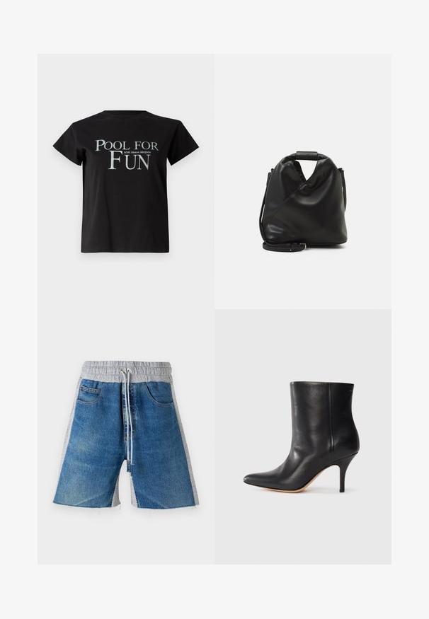 Mustat puuvillapaidat, joissa on lyhyet hihat ja pyöreä pääntie. Paidassa on hopeinen teksti "POOL FOR FUN" ja "MM6 Maison Margiela" -logo.; Denim-shortsit, joissa on harmaa joustava vyötärö, ja nauhakuja. Suunnittelussa on sivutaskut ja väri-erinomainen ulkonäkö.; Musta nahkasaapas nilkkamittaisena, teräväkärkinen, kapea stiletto-korko ja sileä pinta. Minimalistinen muotoilu ilman näkyviä metalliosia tai kuvioita.; Mustan, pehmeän nahkabagin ainutlaatuinen kierretty muotoilu. Varustettu lyhyellä kahvalla ja irrotettavalla olkahihnalla. Minimalistinen tyyli.