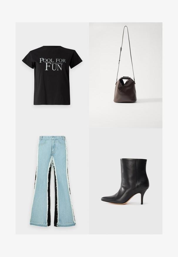 Črna bombažna majica s kratkimi rokavi in krožnim izrezom, ki prikazuje besedilo "POOL FOR FUN" v srebrni barvi, skupaj z logotipom "MM6 Maison Margiela".; Svetlo modri flare kavbojki s črnimi stranskimi paneli, razfrčenimi robovi in visokim pasom. Ima standardne žepe in zanke za pas.; Črne usnjene gležnjarje s koničastim nosom, ozkim stiletto peto in gladko teksturo. Minimalističen dizajn brez vidnih kovinskih delov ali dekoracij.; MM6 Maison Margiela JAPANESE CROSSBODY BAG - Torbica - bracken