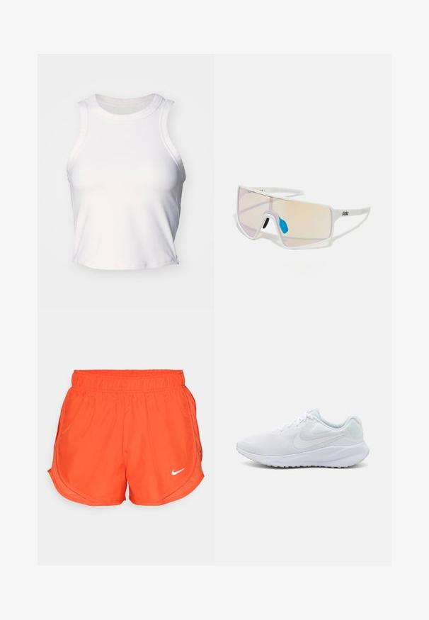 Bela brezrokavna kratka majica iz gladkega in elastičnega materiala. Ima zaobljen ovratnik in subtilne šive ob robovih.; Oranžne športne kratke hlače z elastiko v pasu, stranskimi odprtinami in belim Nike logotipom na sprednji strani. Narejene iz gladkega, lahkega materiala.; Bele športne čevlje z mrežastim zgornjim delom, teksturiranim dizajnom, okroglo konico, oblazinjenim ovratnikom in svetlo modrimi poudarki na peti. Gumijast podplat.; Sončne naočale s belim okviru in velikimi, gradientnimi lečami, ki prehajajo iz roza v svetlo oranžno, ter z modrim nosnim delom in logotipom.