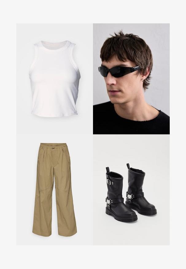 Biały bezrękawnik crop top wykonany z gładkiego, elastycznego materiału. Posiada okrągły dekolt i subtelne detale przeszycia wzdłuż krawędzi.; Khaki kolorowe spodnie o szerokich nogawkach z teksturowanym wykończeniem, z elastycznym paskiem ze sznurkiem i bocznymi kieszeniami.; Czarne skórzane botki za kostkę z solidną podeszwą, wyposażone w boczny pasek z klamrą i ozdobne elementy. Gładka tekstura z pętelką.; Czarne okulary przeciwsłoneczne o smukłym, owiewającym designie i błyszczącym wykończeniu. Posiadają logo na ramionach oraz lekką oprawę.