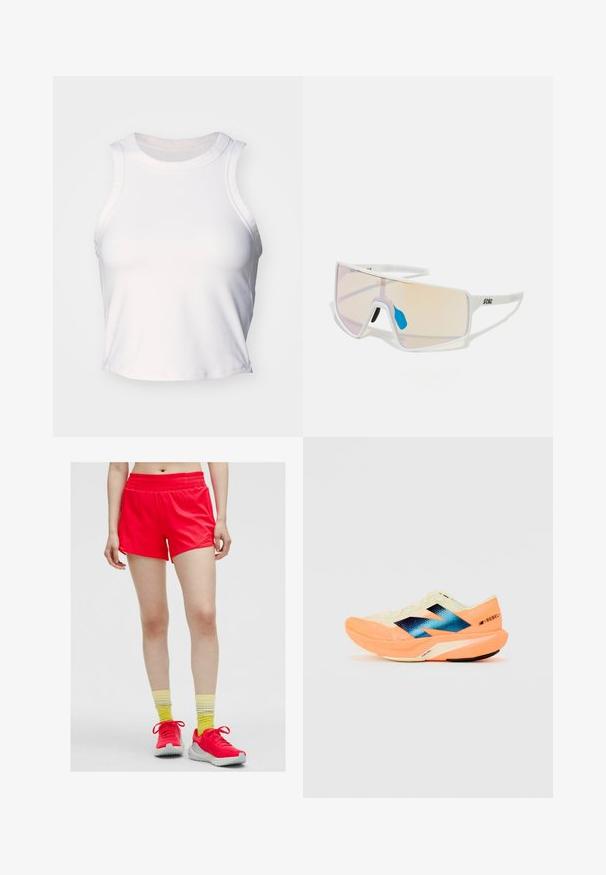 Balts bez piedurknēm cropped tops, kas izgatavots no gludas, elastīgas auduma. Aprīkots ar noapaļotu kakla izgriezumu un smalkiem šuvuma elementiem gar malām.; Sarkani sporta šorti ar elastīgu jostasvietu, gludu audumu un brīvu piegriezumu. Kopā ar dzeltenām svītrainām zeķēm un sporta apaviem.; Skriešanas apavi ar vieglu krēmkrāsas augšdaļu, zilu zīmolu un oranžiem akcents uz zoles. Acu tekstūra gaisa caurlaidībai.; Balti rāmji saulesbrilles ar lieliem, gradienta lēcu toņiem, kas no rozā pakāpeniski pāriet gaisā oranžā krāsā, akcentētas ar zilu deguna daļu un logo detaļu.