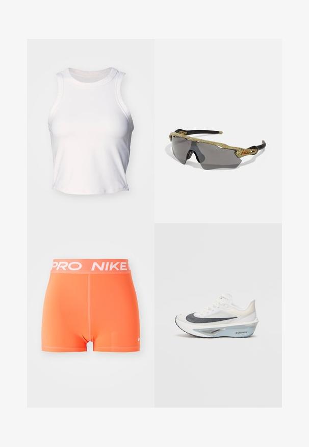 Valge ilma varrukateta crop top, mis on valmistatud siledast ja venivast kangast. Omab ümmargust kaelust ja õrnalt õmblusdetailidega servades.; Nike Pro lühikesed püksid erkoranžis. Valmistatud siledast, venivast materjalist, millel on valge logo ja vöökoha kiri. Omab minimalistlikku disaini.; Valge jooksuking, millel on hingav võrgusilma pealispind, sinised aktsendid ja eristuv vaheseina disain, mis sisaldab nähtavat polsteringusüsteemi.; Spordiprillid rohelise mustriga raami, mustade käepidemete ja hallide läätsedega. Disain sisaldab ümber pead kulgevat stiili ja julget, sportlikku kuju.
