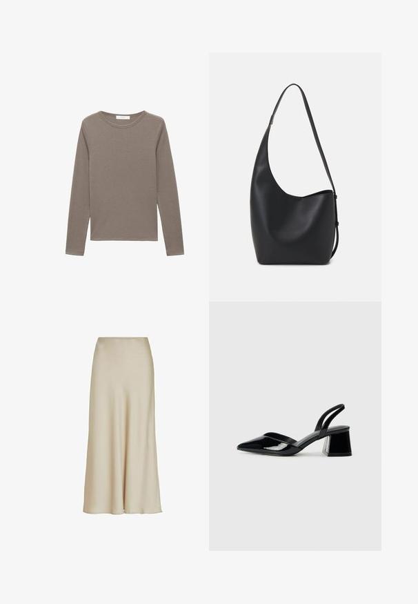 Brązowy długi rękaw sweter z okrągłym dekoltem, z prążkowaną fakturą i prostym dołem. Brak widocznych logo lub grafiki.; Beżowa, satynowa spódnica maxi o gładkiej teksturze, w sylwetce A, z talią, która delikatnie opada do hemu, tworząc subtelny spadek.; Czarne lakierowane półbuty na obcasie z wydłużonym noskiem i geometrycznym słupkiem. Charakteryzują się eleganckim, minimalistycznym designem oraz gładką fakturą.; Czarna skórzana torba hobo o gładkiej fakturze, zaokrąglonym kształcie i pojedynczym, regulowanym pasku; posiada szerokie otwarcie na górze.