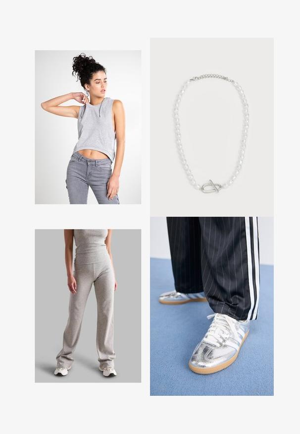 Siva bezrokavni kapucar s sprednjim žepom, skrajšan dizajn in vrvico; oblečen z sivimi oprijetimi kavbojkami. Gladka tekstura in sproščen stil.; Siv vrhnji top s rebrastim vzorcem in ujemajoče hlače iz raztegljivega materiala. Hlače imajo razširjen kroj in so kombinirane z svetlimi športnimi copati.; Metalni srebrni športni copati z belimi vezalkami in tremi belimi črtami, v kombinaciji s črnimi hlačami s tankimi črtami. Gumijast podplat na dnu.; Bela perla ogrlica z raznolikimi oblikami in velikostmi, s srebrno zaponko za zapiranje. Gladka tekstura z sijočim končnim obdelavo.