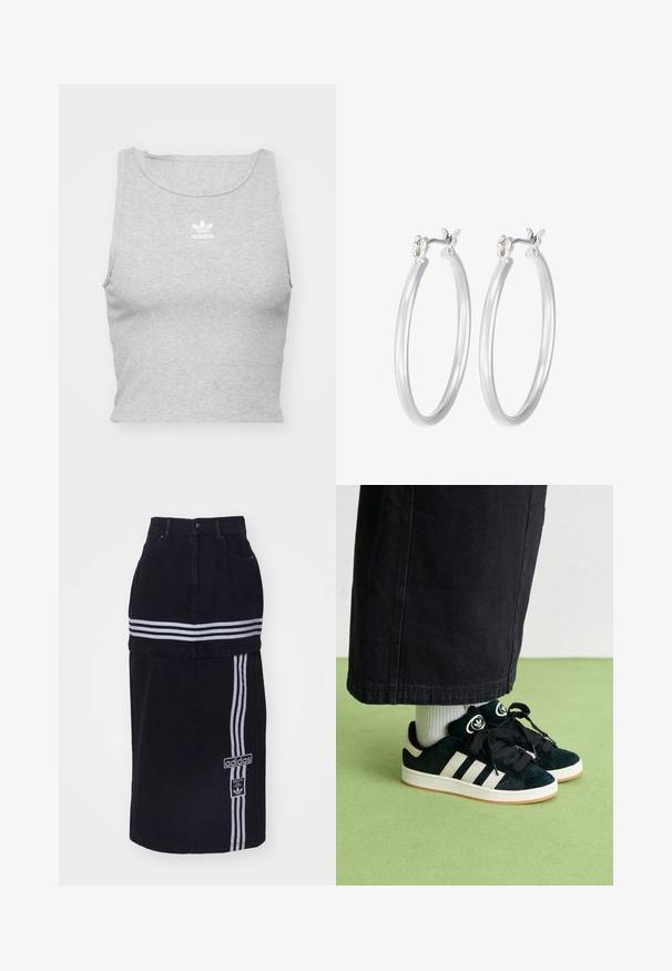 Top corto grigio senza maniche realizzato in morbido tessuto, con scollatura tonda e un piccolo logo bianco Adidas sul petto.; Gonna di denim nera a vita alta, condue strisce orizzontali bianche, un'etichetta con il logo Adidas di lato e un design a taglio dritto.; Sneakers in suede verde con tre strisce bianche, lacci neri e suola in gomma. Indossati con calzini bianchi e pantaloni neri a gamba larga.; Orecchini a cerchio in argento con una finitura liscia e lucida. Forma rotonda e chiusura a scatto sicura. Design leggero adatto per l'uso quotidiano.
