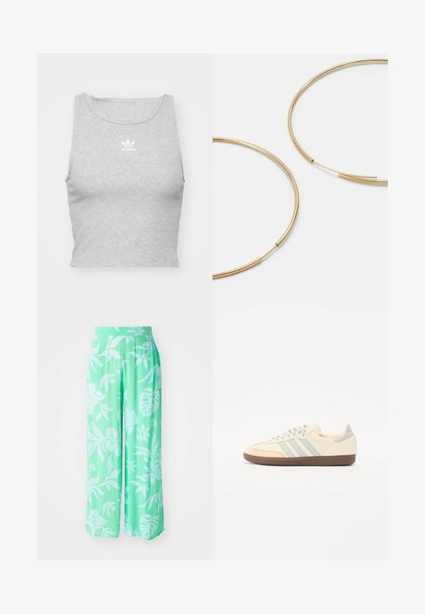 Top corto grigio senza maniche realizzato in morbido tessuto, con scollatura tonda e un piccolo logo bianco Adidas sul petto.; Pantaloni a gamba larga verde chiaro con stampa floreale bianca. Realizzati in tessuto texture, presentano una vita elastica e una vestibilità ampia.; Sneaker con una toma in pelle crema, strisce azzurre chiare e accenti pesca. Presenta una suola in gomma marrone testurizzata e un design minimalista.; Orecchini a cerchio color oro, sottili e rotondi, con una finitura metallica liscia e senza decorazioni o motivi.