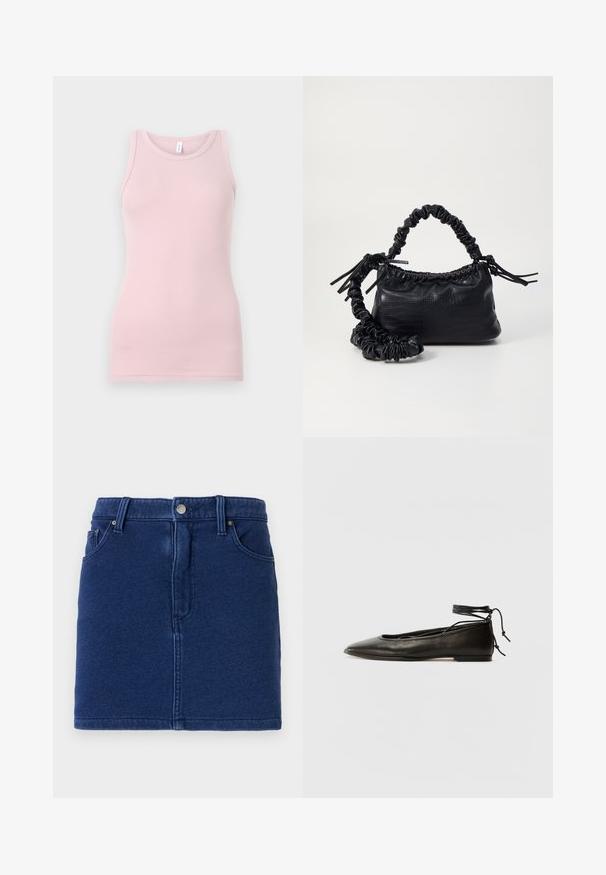 Vaaleanpunainen tanktoppi, joka on valmistettu pehmeästä ja joustavasta kankaasta. Siinä on pyöreä pääntie ja kapeat olkaimet, sekä sileä pinta ja tyköistuva muoto.; Syvä sininen farkkuhame, jossa on istuva muotoilu, etuvetoketju ja kaksi sivutaskua. Sisältää näkyvän ompeleen ja suoran helman.; Musta nahka ballet-flatit, joissa on terävä kärki, nilkkaremmiliitos ja litteä pohja, varustettuna sileällä pinnalla ja minimalistisella muotoilulla.; Must-have mustekahvi nahkalaukku krokotiiliaistalla, kiristetty yläosa ja rypistetty hihna. Näyttää pehmeältä ja kompaktilta muotoilultaan.