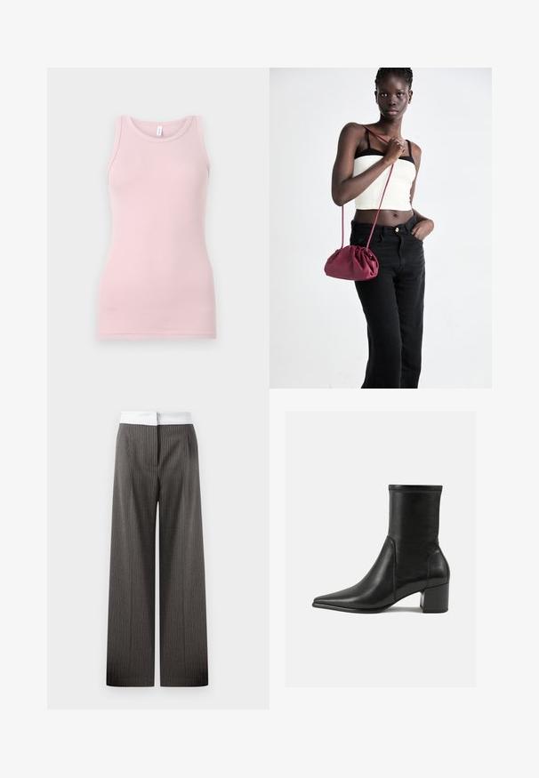 Top de alças rosa claro feito de um tecido macio e elástico. Apresenta um decote redondo e alças finas, com uma textura suave e um corte justo.; Calças de perna larga em cinza escuro com riscas verticais. A cintura é branca e elástica, criando um detalhe de contraste.; Bota ankle preta feita de couro liso, com bico pontudo, salto quadrado e costura em relevo distinta na borda superior.; Bolsa de tecido suave em borgonha com um design franzido e uma alça longa, usada à transversal. Modelo veste um top cropped branco e jeans pretos.