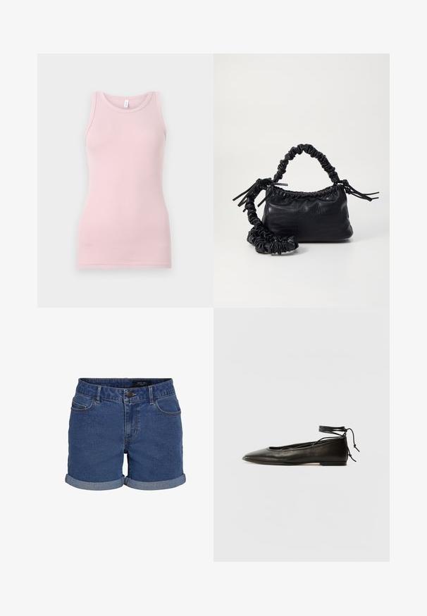 Világos rózsaszín ujjatlan felső, puha, rugalmas anyagból készült. Kerek nyakkivágással és keskeny pántokkal rendelkezik, sima textúrával és testhezálló szabással.; Sötétkék farmer rövidnadrág klasszikus szabásban. Hajtott szegélyekkel, két elülső zsebbel, és gombos záródással rendelkezik. Sima tapintású.; Fekete bőr balettcipők hegyes orral, bokakötővel és lapos talppal, sima textúrával és minimalista dizájnnal.; Fekete műbőr kézi táska krokodil bőr textúrával, összehúzható tetejű és gyűrt pánttal. Lágy és kompakt dizájnúnak tűnik.