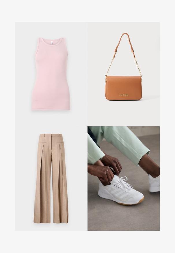 Ljusrosa linne gjort av mjukt, stretchigt material. Har en rund halsringning och smala axelband, med en slät yta och åtsittande form.; Beiga vida byxor i ett lätt tyg, med vertikala randiga mönster, hög midja och framfickor.; Vit sportskor med ovandel i mesh, gummisula och tre-radigt mönster. Skosnören justeras; ljusgrå och mintgrön klädsel synlig.; Brun syntetisk läderaxelväska med en slät yta, guldfärgad kedjerem och präglad logotyp på framsidan. Rektangulär form.