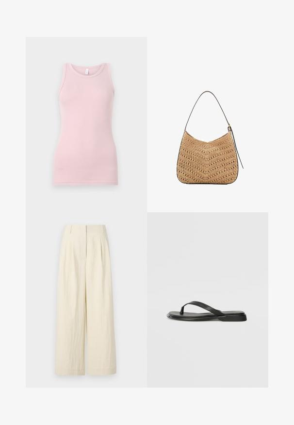 Svetloružový tielko vyrobené z mäkkého, elastického materiálu. Má okrúhly výstrih a úzke ramienka, s hladkou štruktúrou a priliehavým strihom.; Krémové široké nohavice vyrobené z textúrneho materiálu. Obsahujú predné plisovanie a vysoký pás, čo zaisťuje voľný strih po celej dĺžke.; Čierne šľapky vyrobené z hladkej kože, s tenkým pásikom a plochou podrážkou s minimalistickým profilom. Bez výrazných vzorov alebo akcentov.; Tkaná slamenná ramenná taška s zakriveným tvarom, vybavená tmavou koženou rukoväťou a textúrovaným povrchom s vzorom v tvare chevron.