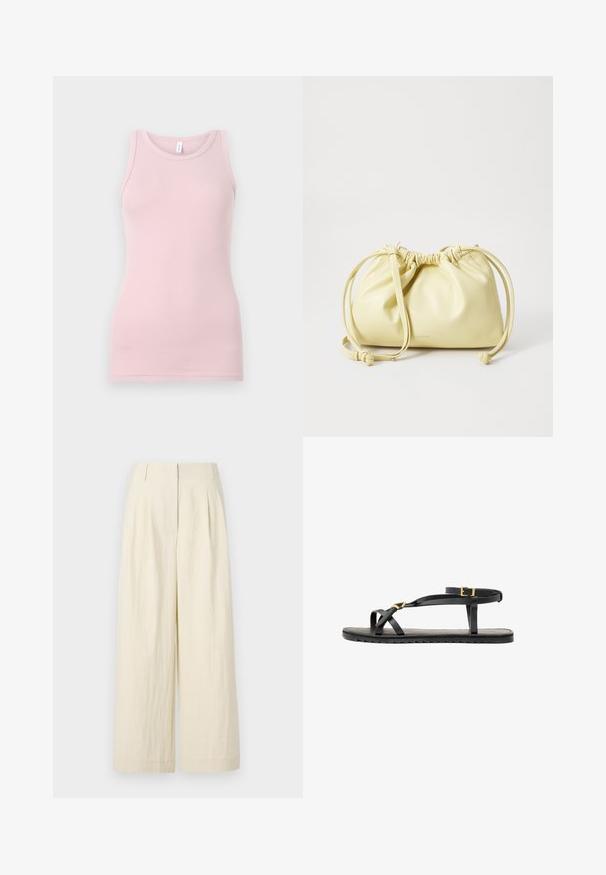Hellrosa Tanktop aus weichem, dehnbarem Stoff. Es hat einen runden Halsausschnitt und schmale Träger, mit einer glatten Textur und einer figurbetonten Passform.; Cremfarbene, weit geschnittene Hosen aus einem strukturierten Stoff. Sie verfügen über Vorderfalten und eine hohe Taille, die eine lockere Passform bieten.; Schwarze Ledersandalen mit dünnen Riemen und einem geschnallten Knöchelriemen. Flache Sohle mit texturiertem Finish und Zickzackkante. Minimalistisches Design.; Gelbe Lederhandtasche mit gerafftem Design, verstellbarem Kordelzugverschluss und einem langen, einzelnen Tragegurt. Minimale Markenkennzeichnung am Boden.
