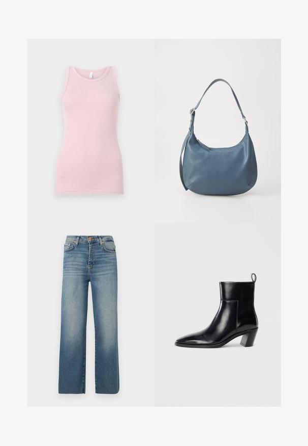 Top sin mangas de color rosa claro, hecho de una tela suave y elástica. Presenta un escote redondo y tirantes estrechos, con una textura suave y una forma ajustada.; Vaqueros de pierna ancha de denim, con un lavado deslavado, diseño de cinco bolsillos, cierre de botón y pasadores para cinturón, con un ajuste recto y relajado.; Botín de piel negra hasta el tobillo con punta afilada, tacón apilado geométrico y una lengüeta en la parte posterior. Textura suave y diseño elegante.; Bolso de piel azul con forma redondeada, correa de hombro única, cierre de cremallera y nombre de la marca en relieve en la parte frontal. Textura suave.