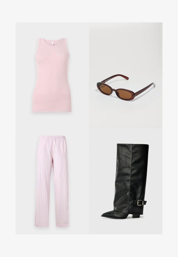 Débardeur rose clair en tissu doux et extensible. Il présente un col rond et des bretelles étroites, avec une texture lisse et une coupe ajustée.; Pantalons roses clairs avec des rayures verticales bleues, en tissu lisse, dotés d'une taille élastique et d'un design à jambes larges.; Bottes noires en cuir longueur cheville avec un bout pointu, texture lisse et une accent en boucle argentée sur le côté. Talon carré épais.; Lunettes de soleil rondes teinte brun avec une monture bordeaux brillante. Branches fines avec un détail de marque subtil. Design de verres plats.; Sac à main en cuir beige en forme de croissant avec fermeture éclair en haut, bandoulière détachable et logo doré "Lacoste Paris" à l'avant.