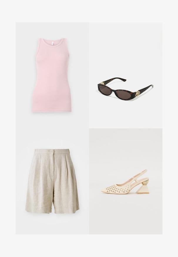 Jasnoróżowy top na ramiączkach wykonany z miękkiego, elastycznego materiału. Posiada okrągły dekolt i wąskie ramiączka, a także gładką teksturę i dopasowany krój.; Beżowe lniane szorty z zapięciem na guzik, plisowanym przodem i bocznymi kieszeniami. Materiał ma textured wykończenie, co zapewnia luźny krój.; Beżowe buty typu slingback z perforowaną cholewką, spiczastym noskiem i kontrastowym trójkątnym obcasem z złotym akcentem. Całość ma gładką fakturę.; Słoneczne okulary w kolorze żółwi z wydłużonymi owalnymi soczewkami, brązowym odcieniem, złotymi akcentami logo na zausznikach oraz smukłymi czarnymi ramionami.