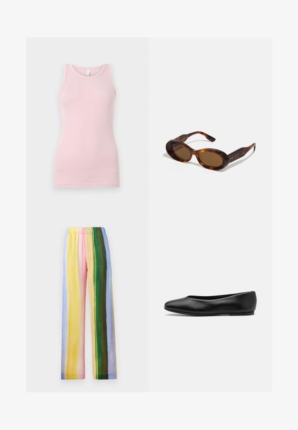 Vaaleanpunainen tanktoppi, joka on valmistettu pehmeästä ja joustavasta kankaasta. Siinä on pyöreä pääntie ja kapeat olkaimet, sekä sileä pinta ja tyköistuva muoto.; Vartalon myötäilevät, elastisella vyötäröllä varustetut leveälahkeiset housut, joissa on pystysuorat raidat pastelliväreissä: keltaista, vaaleanpunaista, vihreää, sinistä ja vaalean lilaa. Liukas tekstuuri.; Paul Smith TOPANGA - Ballerinat - black; Kilpikonnakuosiset aurinkolasit, joissa on soikeat linssit, ruskea sävy ja kultaiset yksityiskohdat sangoissa. Paksut kehykset, joissa on kiiltävä pinta ja sileä tekstuuri.; Ruskea krokotiilinkuosilla varustettu nahkalaukku, jossa on sylinterimäinen muoto, kultasävyiset yksityiskohdat ja irrotettava hihna, jossa on niittejä.