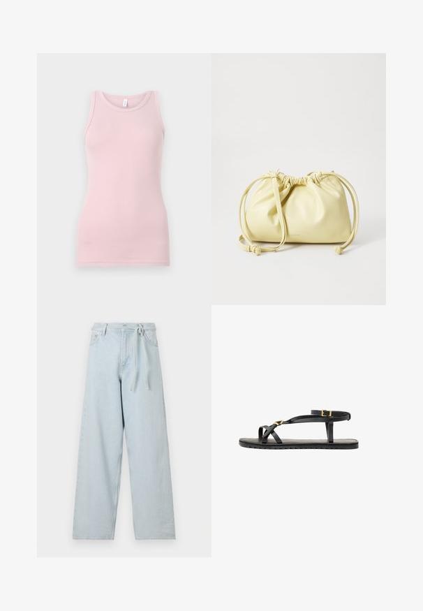 Šviesiai rožinė liemenėlė, pagaminta iš švelnaus, tampraus audinio. Turi apvalią iškirptę ir siaurus petnešėles, su lygiu paviršiumi ir prigludusia forma.; Šviesiai mėlynos plačios džinsinės kelnės, pagamintos iš denimo, su aukštu liemeniu, dirželių kilpomis ir diržo raišteliu. Siūlės detalės matomos palei kojas.; Juodos odinės šlepetės su plonais dirželių ir reguliuojamu kulkšnies dirželiu. Plokščias padas su tekstūruotu paviršiumi ir zigzaginiu kraštu. Minimalistinis dizainas.; Geltona odinė rankinė su susiraukšlėtu dizainu, reguliuojamu raišteliu ir vienu ilgu dirželiu. Minimalus ženklinimas apačioje.