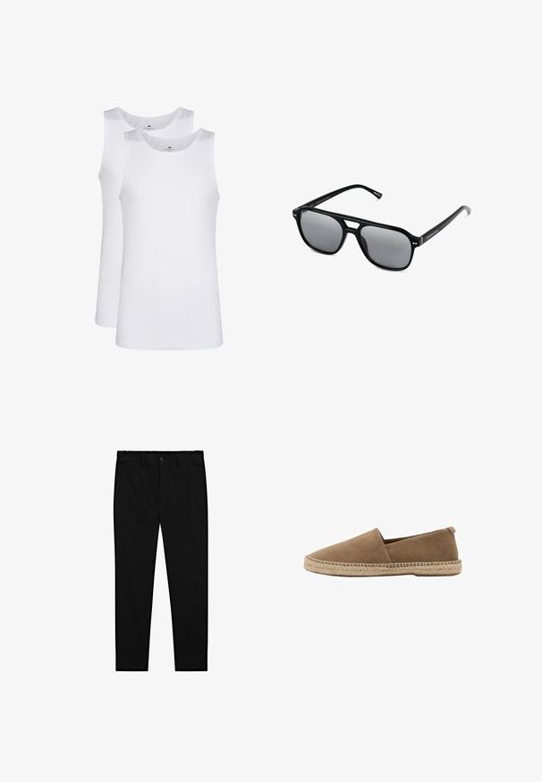 Top in cotone bianco, design senza maniche, collo rotondo, texture liscia, realizzato in un tessuto morbido e leggero. Due pezzi esposti.; Pantaloni neri su misura con chiusura a bottone, passanti per cintura e gamba dritta slim, esposti su uno sfondo bianco.; Scarpa slip-on in suede marrone con punta affusolata, dotata di una suola in juta intrecciata e un piccolo tacco posteriore per il supporto. Texture liscia e design minimalista.; Occhiali da sole neri con montatura rettangolare, lenti grigie oscurate e design con intaglio sul ponte. Materiale plastico lucido e slanciato, con tempie sottili.