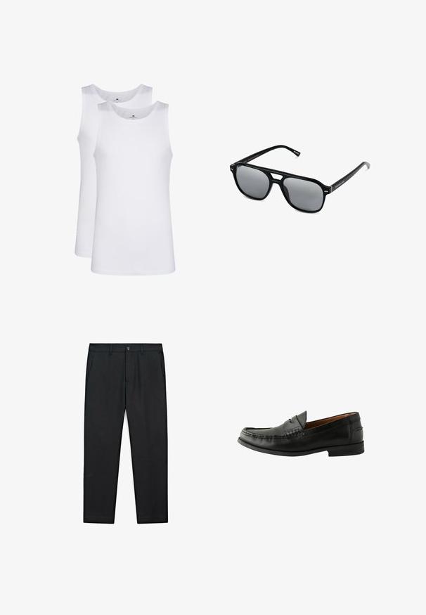 Top in cotone bianco, design senza maniche, collo rotondo, texture liscia, realizzato in un tessuto morbido e leggero. Due pezzi esposti.; Pantaloni neri con taglio dritto, realizzati in tessuto morbido, con due tasche laterali e chiusura con bottone frontale.; Mocassini in pelle nera con finitura liscia, punta arrotondata, dettagli cuciti a mano e suola bassa in gomma. Design classico e versatile.; Occhiali da sole neri con montatura rettangolare, lenti grigie oscurate e design con intaglio sul ponte. Materiale plastico lucido e slanciato, con tempie sottili.