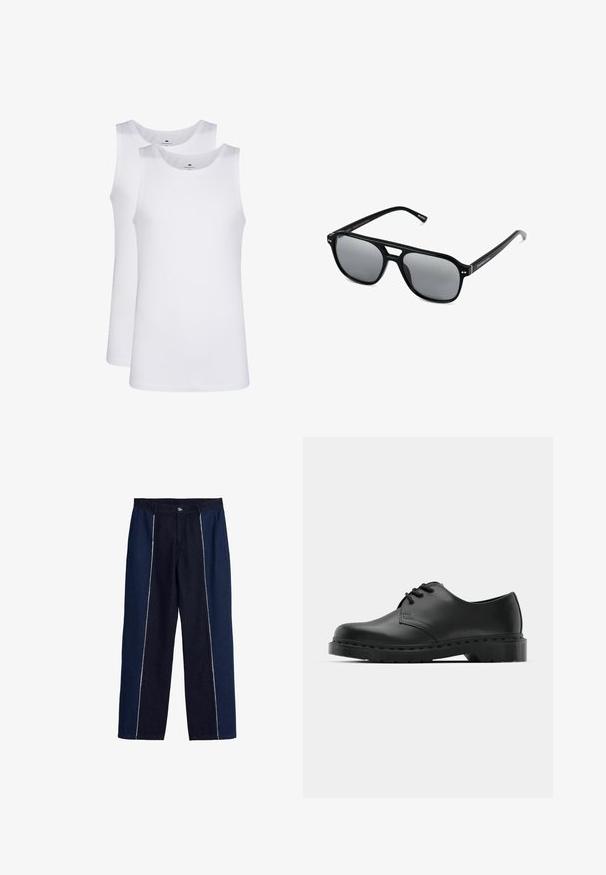 Białe bawełniane topy na ramiączkach, bez rękawów, okrągły dekolt, gładka faktura, wykonane z miękkiej, lekkiej tkaniny. Wyeksponowane dwa egzemplarze.; Dżinsowe spodnie o szerokim kroju, z kontrastowymi, ciemnoniebieskimi panelami i białymi szwami po bokach. Zapięcie na guzik z przodu.; Czarne skórzane półbuty oxford z zapięciem na sznurowadła, zaokrąglonym noskiem, płaską gumową podeszwą oraz subtelnym przeszyciem na cholewce.; Czarne okulary przeciwsłoneczne z prostokątnymi oprawkami, szarymi soczewkami i wycięciem w mostku. Gładki, błyszczący materiał plastikowy, z wąskimi zausznikami.