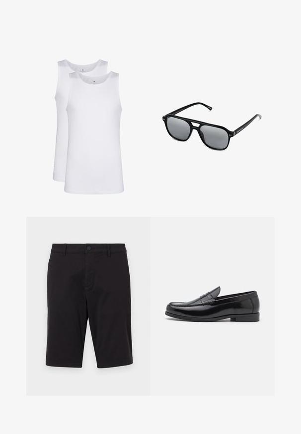 Hvide bomulds tanktoppe, ærmeløs design, rund hals, ensartet tekstur, med et blødt, let stof. To stykker vist.; Sorte shorts lavet af et letvægtigt stof. Har en knaplukning, bæltestropper, to sidelommer og en lige pasform.; Sorte læder loafers med rund tå, dekorativ syning og lav hæl. Glat tekstur med subtil glans. Klassisk design uden udsmykninger.; Sorte solbriller med rektangulære rammer, gråt tonede linser og en broudskæring design. Slankt, glat plastmateriale med smalle stænger.