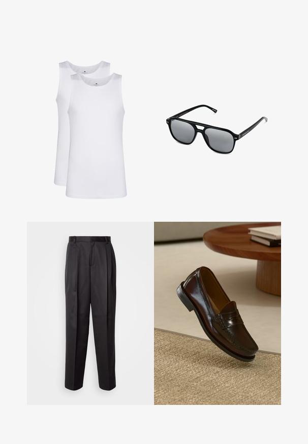 Weiße Baumwoll-Tanktops, ärmelloses Design, runder Ausschnitt, schlichte Textur, aus einem weichen, leichten Stoff. Zwei Stücke ausgestellt.; Schwarze Hose aus glattem Stoff, mit geradem Schnitt, vorderen Falten und Gürtelschlaufen, in einem maßgeschneiderten und strukturierten Design.; Braune Leder-Lederschuhe mit glänzender Oberfläche, die eine gestickte Detail entlang der Vorderseite und eine niedrigprofilierte schwarze Gummisohle aufweisen.; Schwarze Sonnenbrille mit rechteckigen Rahmen, grauen getönten Gläsern und einer Aussparung im Nasensteg. Schlanker, glänzender Kunststoff, mit schmalen Bügeln.
