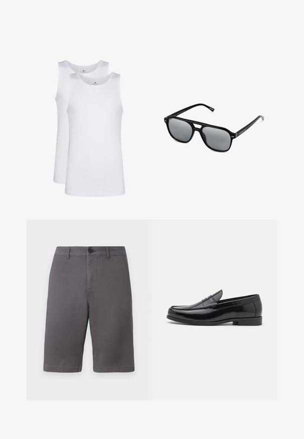 Weiße Baumwoll-Tanktops, ärmelloses Design, runder Ausschnitt, schlichte Textur, aus einem weichen, leichten Stoff. Zwei Stücke ausgestellt.; Graue Shorts aus einem Baumwollmischgewebe, mit Knopfverschluss, Seitentaschen und einem sauberen, geraden Schnitt.; Schwarze Lederloafers mit abgerundetem Zehenbereich, dekorativen Nähten und einem niedrigen Absatz. Glatte Oberfläche mit dezentem Glanz. Klassisches Design ohne Verzierungen.; Schwarze Sonnenbrille mit rechteckigen Rahmen, grauen getönten Gläsern und einer Aussparung im Nasensteg. Schlanker, glänzender Kunststoff, mit schmalen Bügeln.