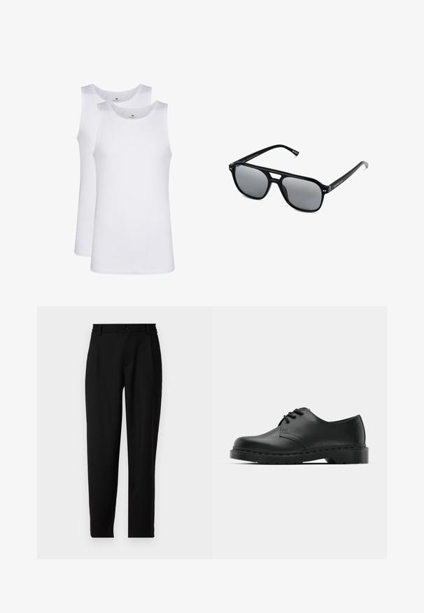 Witte katoenen tank tops, mouwloos ontwerp, ronde hals, effen textuur, gemaakt van een zachte, lichtgewicht stof. Twee stuks tentoongesteld.; Zwarte broek met een rechte snit, voorzien van een tailleband met elastiek aan de achterkant en een knoopsluiting aan de voorkant. Gemaakt van een gladde stof.; Zwarte leren oxford schoenen met vetersluiting, ronde neus, platte rubberen zool en subtiele stiksel details langs het bovenwerk.; Zwarte zonnebril met rechthoekige montuur, grijs getinte glazen en een uitgesneden ontwerp bij de neusbrug. Strak, glanzend kunststof materiaal met smalle veren.