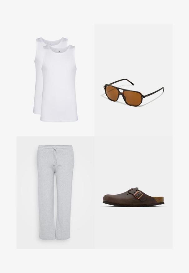 Vita bomullstanktops, ärmlös design, rund hals, slät textur, med ett mjukt, lätt tyg. Två stycken visas.; Ljusgrå sweatpants i mjukt tyg, med elastisk midja och dragsko, rak bendesign och sidofickor.; Brun läderträsko med en bred rem och en kopparspänne, med en strukturerad korksula och en tjock svart gummisula.; Sköldpaddsformade solglasögon med bruna linser, rektangulär form och metallaccenter på ramen. Snygg design med smala skalmar.