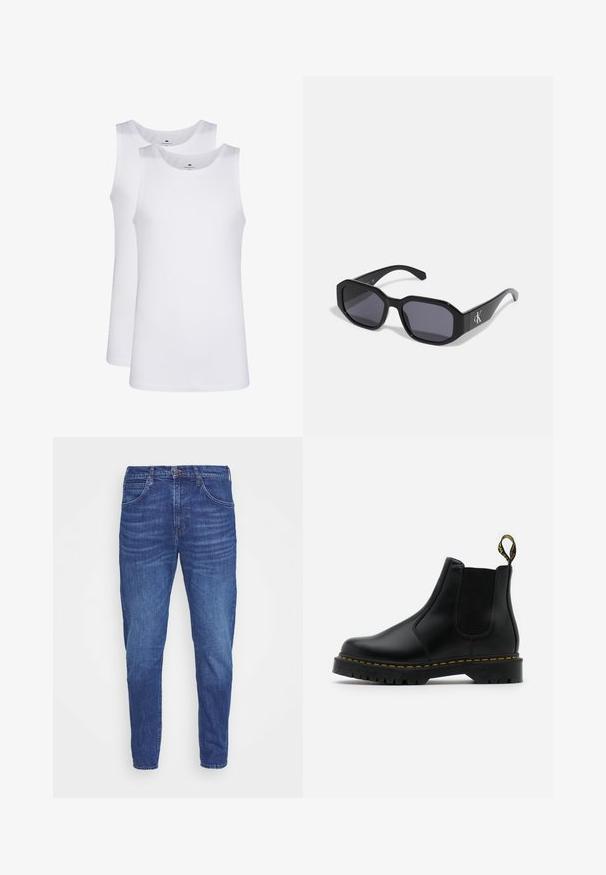 Białe bawełniane topy na ramiączkach, bez rękawów, okrągły dekolt, gładka faktura, wykonane z miękkiej, lekkiej tkaniny. Wyeksponowane dwa egzemplarze.; Jeans z ciemnoniebieskiego denimu o zwężanym kroju, z pięcioma kieszeniami, zapięciem na guzik oraz delikatnym wyblakaniem na udach. Gładka tekstura.; Czarne skórzane botki Chelsea z elastycznymi panelami bocznymi, żółtymi przeszyciami i fakturowanymi gumowymi podeszwami. Posiadają pętelkę na pięcie.; Czarne okulary przeciwsłoneczne w ośmiokątnym kształcie, z ciemnymi soczewkami, błyszczącym plastikowym materiałem i srebrnym akcentem z logo z jednej strony.