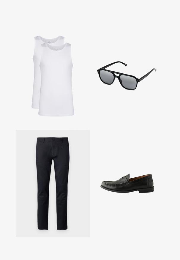 Weiße Baumwoll-Tanktops, ärmelloses Design, runder Ausschnitt, schlichte Textur, aus einem weichen, leichten Stoff. Zwei Stücke ausgestellt.; Schwarze Baumwollhose mit geradem Bein, Gürtelschlaufen und Knopfverschluss. Verfügt über dezente Stichdetails am Bund.; Schwarze Lederloafers mit glatter Oberfläche, abgerundetem Zehenbereich, handgestochener Detailarbeit und einer niedrigen Gummisohle. Klassisches und vielseitiges Design.; Schwarze Sonnenbrille mit rechteckigen Rahmen, grauen getönten Gläsern und einer Aussparung im Nasensteg. Schlanker, glänzender Kunststoff, mit schmalen Bügeln.