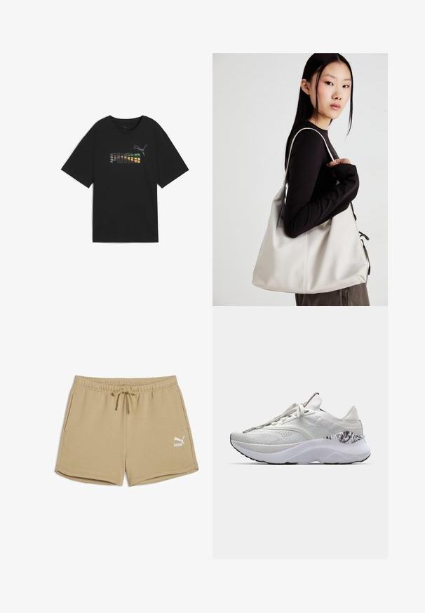 Crna majica s opuštenim krojem, s višebojnim grafičkim ispisom i logom "PUMA" na prsima. Izrađena od mekog pamučnog materijala.; Puma BETTER CLASSICS - Donji dijelovi trenirke - prairie tan; Bijela atletska cipela s teksturiranim gornjištem, zaobljenim prstom i pjenastim potplatom. Ima uzorak uz dodatak blizu pete i ravne vezice.; Bežna torba od mekog materijala s opuštenim dizajnom, šivanim detaljima i dva remena za rame. Pogodna za svakodnevnu upotrebu.