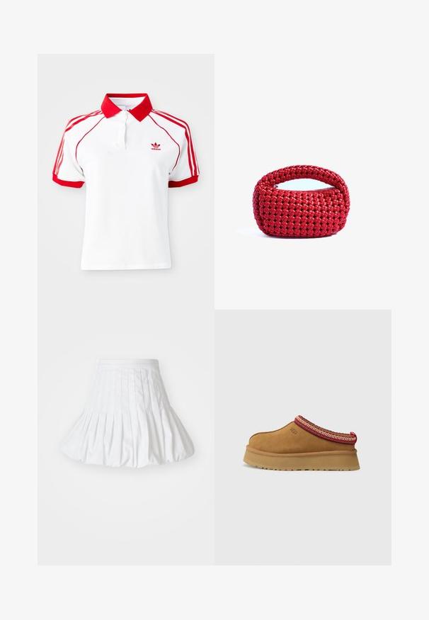 Weißes Polohemd mit rotem Kragen und roten drei Streifen an den Schultern. Verfügt über eine Knopfleiste und ein kleines rotes Logo auf der Brust.; Weißer, plissierter Minirock mit glatter Textur, elastischem Bund und ausgestelltem Design, das vertikale Nähte für zusätzliche Struktur aufweist.; Braune Wildleder-Slipper mit rot-creamfarbenem gemusterten Besatz, strukturiertem Absatz und UGG-Logo an der Seite. Verfügt über eine leichte Plattformhöhe.; Rote gewebte Handtasche mit einem runden oberen Griff und Reißverschluss, die ein strukturiertes, verflochtenes Muster auf einem weichen, flexiblen Material aufweist.
