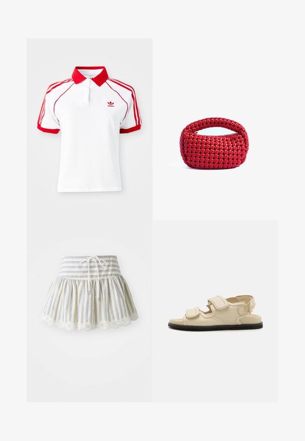 Hvid polo t-shirt med en rød krave og røde tre-stribe accenter på skuldrene. Har knaplukning og lille rød logo på brystet.; Stribet nederdel i gul og blå med en samlet talje, der har snor og blondekant langs kanten. Lavet af bomuldsstof.; Beige lædersandal med to justerbare Velcro-remme, lukket tå og sort gummisål. Har et minimalistisk design og åben bag. ; Rød vævet håndtaske med et afrundet topgreb og lynlås, der har et tekstureret, sammenflettet mønster på et blødt, fleksibelt materiale.; Guldstuds øreringe med rektangulære rubinsten med en facetteret overflade, sat i en strukket guldindfatning. Lys rød farve med en poleret finish.