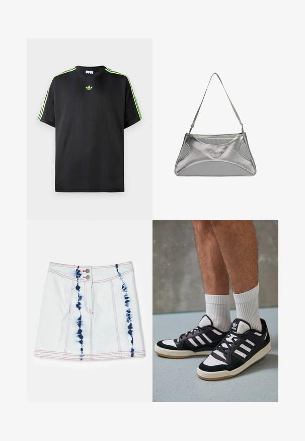 T-shirt preto feito de tecido liso com decote redondo, apresentando três riscas verdes nos ombros e um pequeno logo verde no peito.; Mini saia de ganga em azul claro com padrões tie-dye em azul escuro. Apresenta costuras vermelhas e dois botões frontais. Comprimento curto com um ajuste slim.; Ténis em preto e branco com upper em camurça e couro, apresentando três riscas brancas, um toe perfurado e uma sola em borracha de goma.; Bolsa metálica prateada com um design elegante e estruturado, apresentando um corpo texturizado, uma alça de ombro e um detalhe em logotipo em relevo.