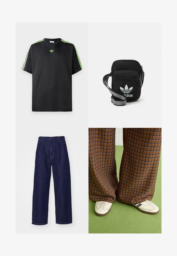 Crna majica kratkih rukava od glatkog materijala s okruglim izrezom, sa tri zelene pruge na ramenima i malim zelenim logotipom na prsima.; Tamno plave traperice, široki kroj, visoki pojas, s kopčanjem na dugme i klasičnim pet džepovima. Glatka tekstura, suptilno šivanje.; Smeđe i plave karirane široke hlače uparene s bijelim cipelama s crnim akcentima i teksturiranim potplatom, na zelenoj pozadini.; Crna crossover torba od tkanine sa zatvaračem, sa bijelim Adidas logotipom i prugastim podešivim remenom za lako nošenje.