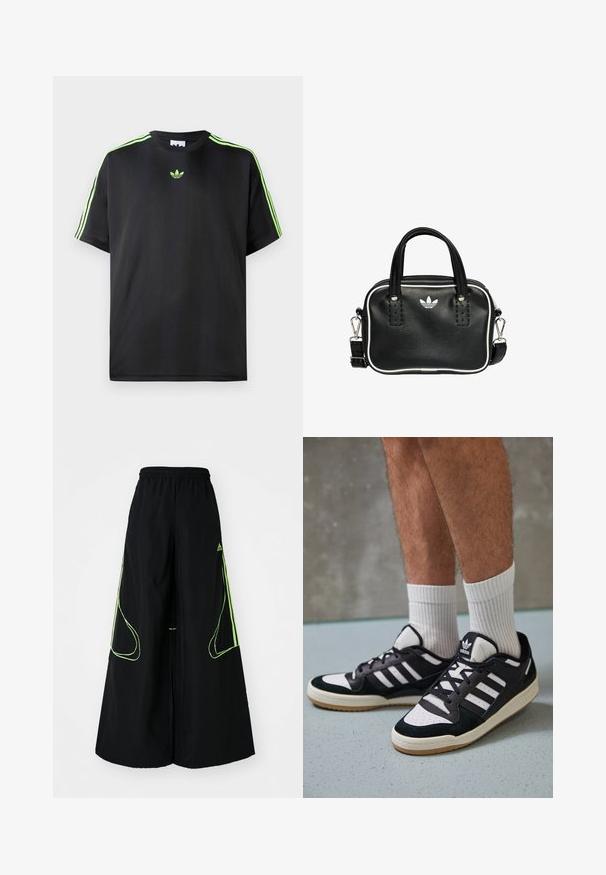 Czarna koszulka z gładkiego materiału z okrągłym dekoltem, z trzema zielonymi paskami na ramionach i małym zielonym logo na piersi.; adidas Originals - Spodnie treningowe; Czarno-białe sneakersy z zamszową i skórzaną cholewką, z trzema białymi paskami, perforowanym czubkiem i gumową podeszwą w kolorze gumy.; Czarna skórzana torebka z dwoma krótkimi uchwytami, srebrnymi akcentami, białymi detalami i białym logo. Posiada teksturowaną powierzchnię oraz kompaktowy design.