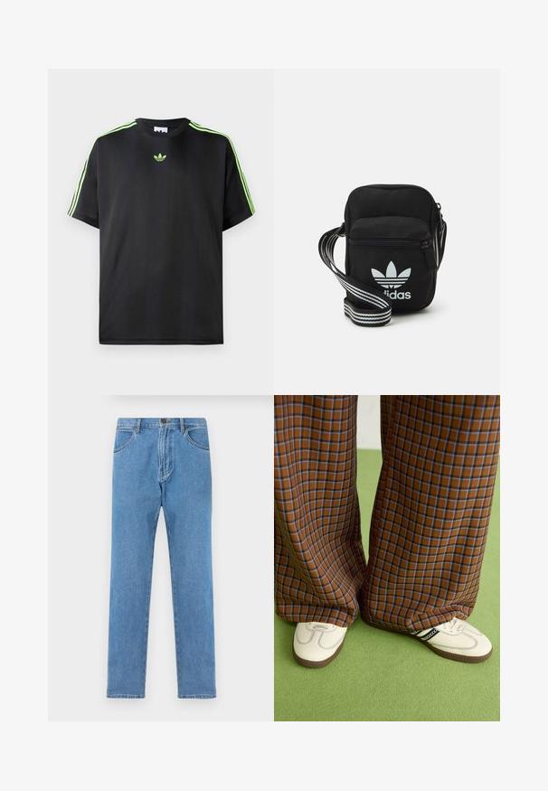 Črna majica iz gladkega materiala s krožnim izrezom, na ramenih pa ima tri zelene črte in majhen zelen logotip na prsih.; Svetlomoderne kavbojke z ravnim krojem, klasičnim petim žepom in hlačnico za pas.; Rjave in modre kariraste hlače širokih nogavic, v kombinaciji z belimi čevlji, ki imajo črne poudarke in teksturirane podplate, na zeleni podlagi.; Črna tkaninska torbica čez ramo z zadrgo, ki vsebuje belo Adidasovo logo in pridelano naramnico z več črtami za enostavno nošenje.